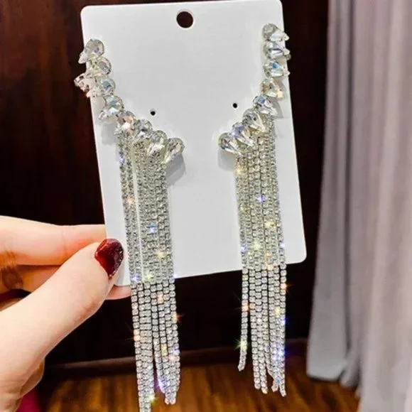 5" Long Crystal Rhinestone Fringe Formal Chandelier Earrings - Picture 2 of 9